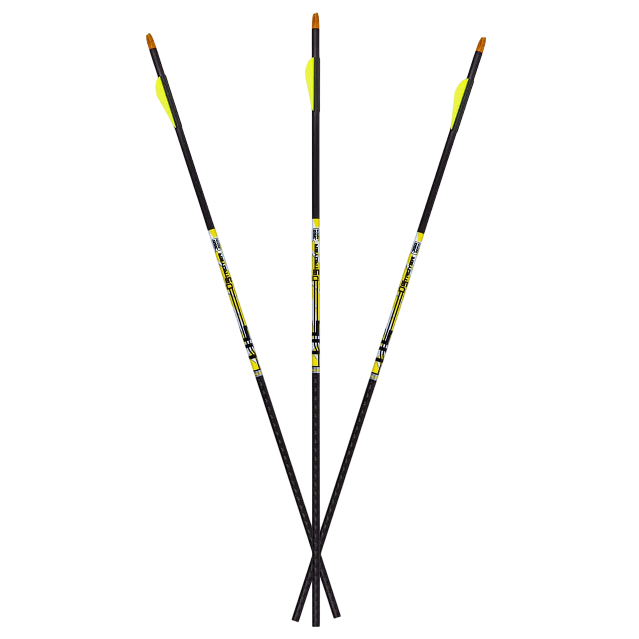 High-quality archery arrows with bright yellow vanes and durable construction for bowhunting.
