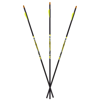 High-quality archery arrows with bright yellow vanes and durable construction for bowhunting.