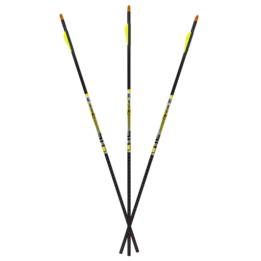 High-quality archery arrows with bright yellow vanes and durable construction for bowhunting.