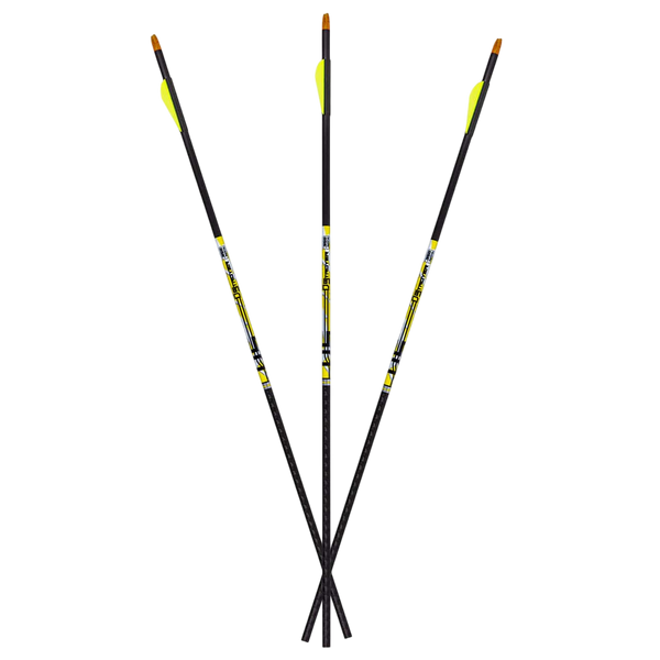 High-quality archery arrows with bright yellow vanes and durable construction for bowhunting.