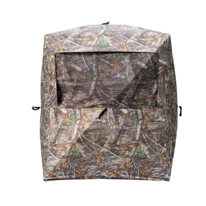Camouflage hunting blind for bowhunting and outdoor wildlife observation.