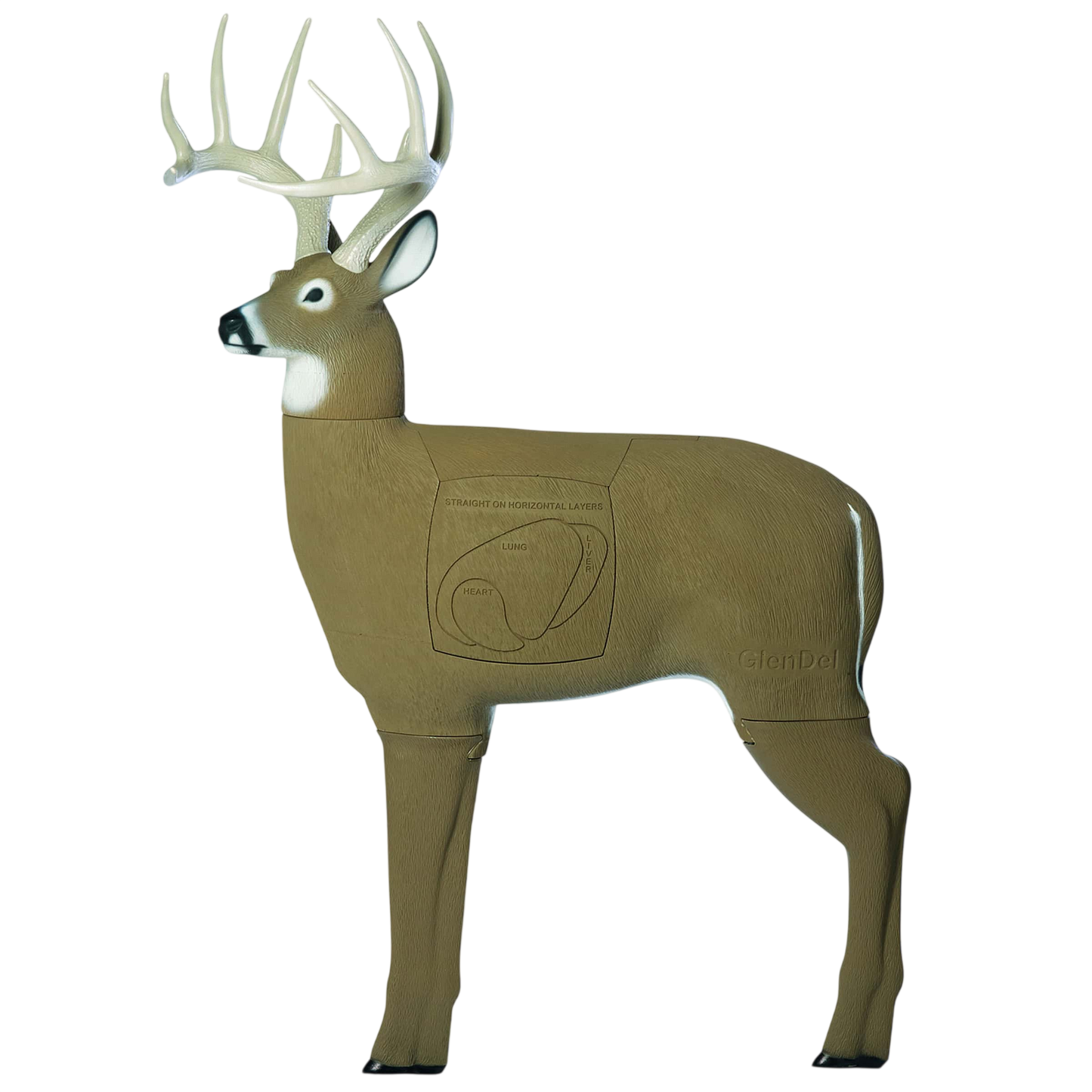 Deer-shaped archery target with removable body parts for practice and training.