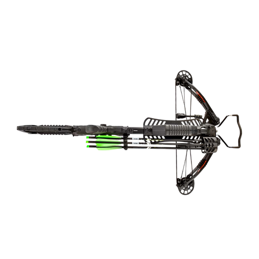 High-performance crossbow with green arrows, ideal for bowhunting and archery enthusiasts.