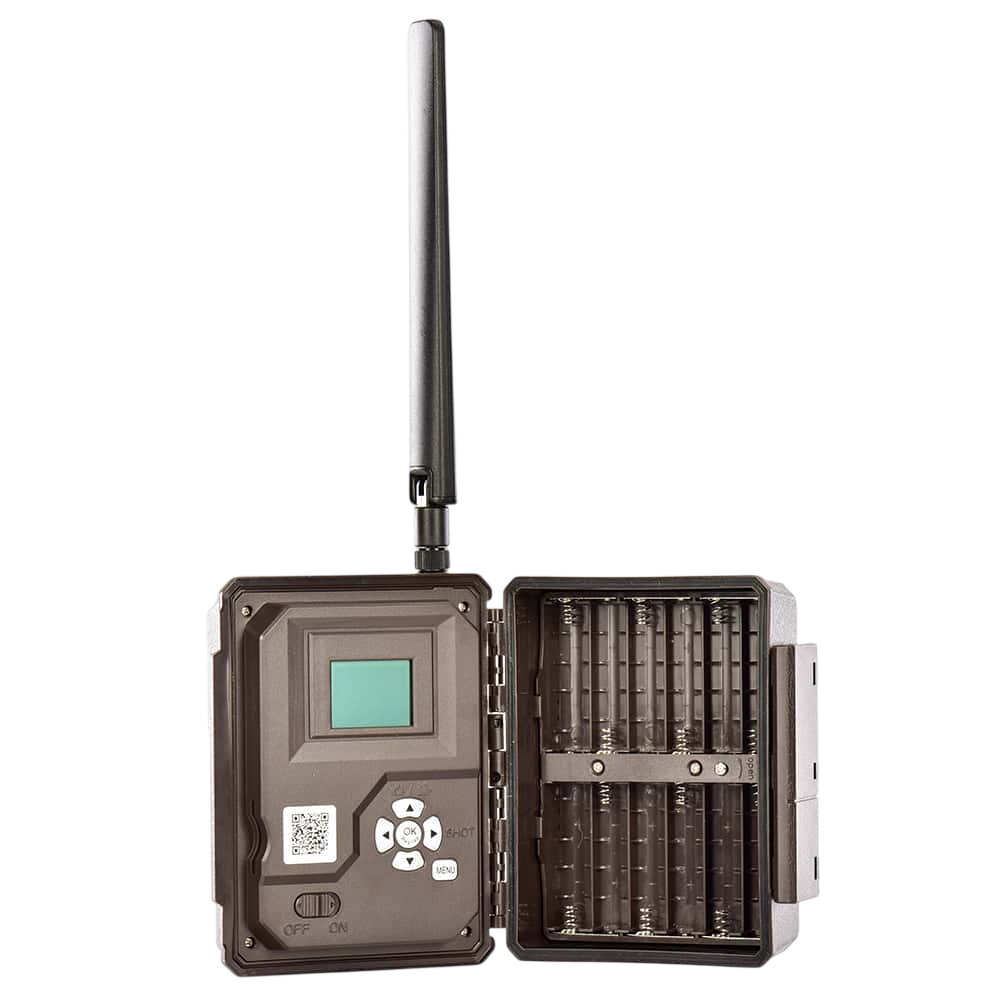 Wireless trail camera with detachable battery case and adjustable antenna for outdoor hunting.