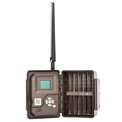 Wireless trail camera with detachable battery case and adjustable antenna for outdoor hunting.