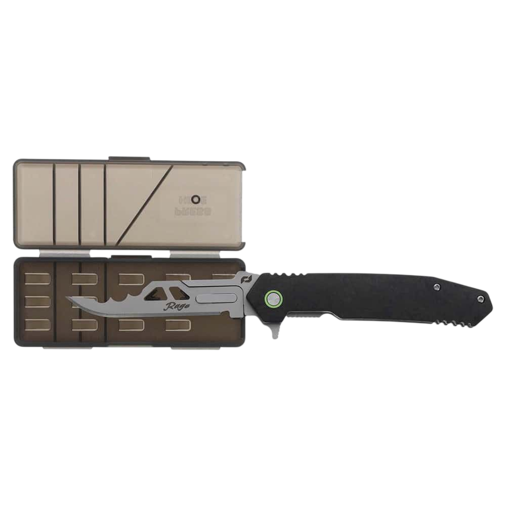 Precision tactical hunting knife with serrated edge and black handle, comes with storage case.