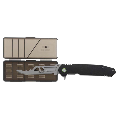 Precision tactical hunting knife with serrated edge and black handle, comes with storage case.