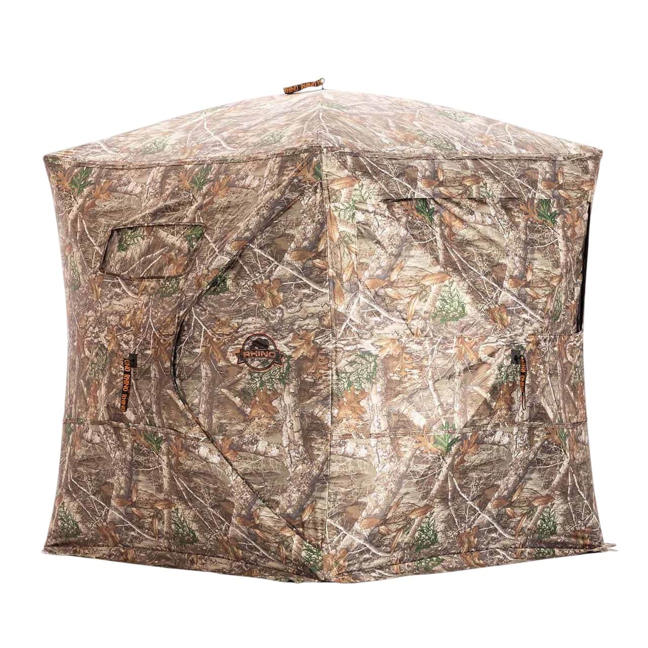 Camouflage hunting blind tent with Realtree pattern for bowhunting and outdoor survival.