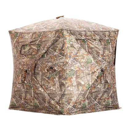 Camouflage hunting blind tent with Realtree pattern for bowhunting and outdoor survival.