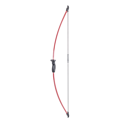 Flexible bowfishing bow with red fiberglass limb and sturdy handle.