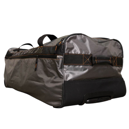 Durable gray and black archery gear bag with multiple compartments and padded straps.