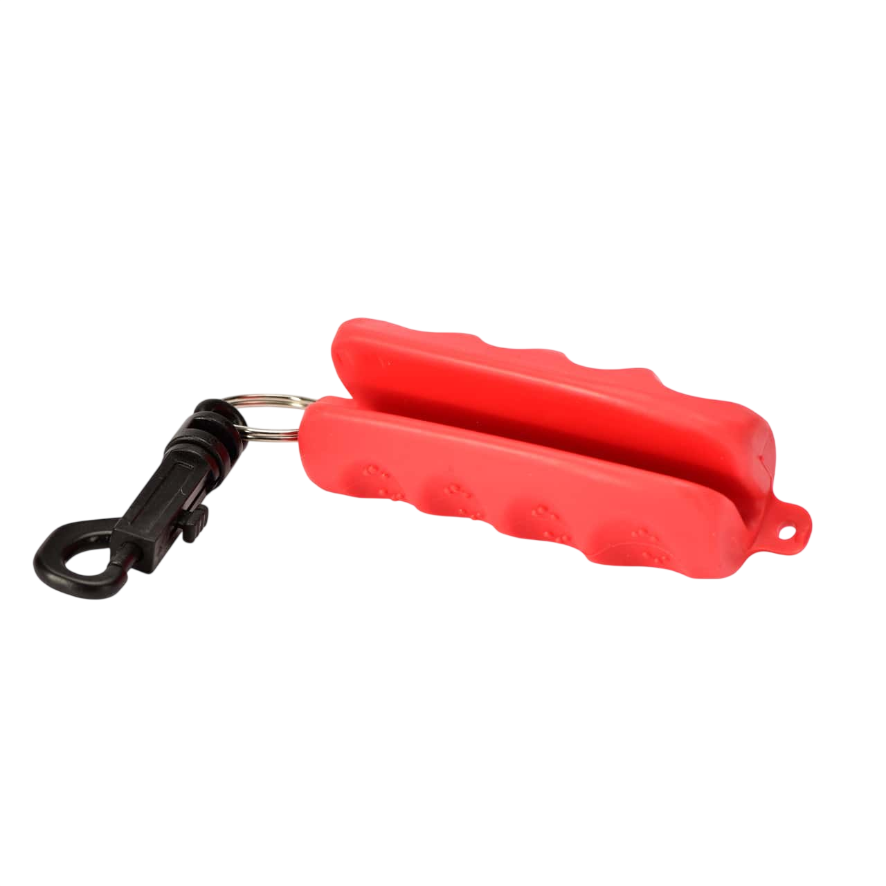 Bright red bowfishing line release with locking clip and safety hook for archery.