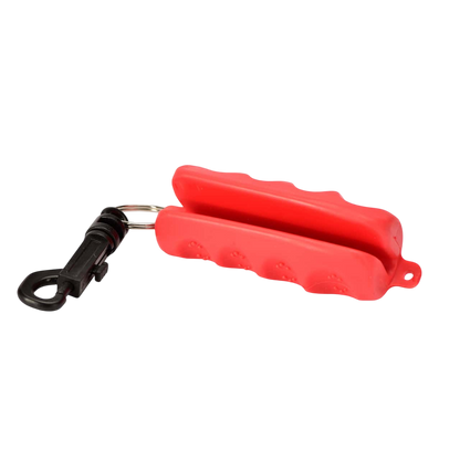 Bright red bowfishing line release with locking clip and safety hook for archery.