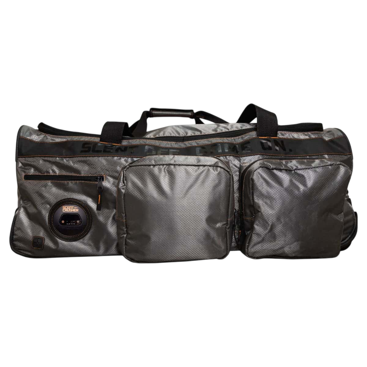 Paneled gray and black archery gear bag with multiple compartments and a digital scale.