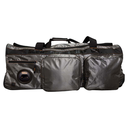 Paneled gray and black archery gear bag with multiple compartments and a digital scale.