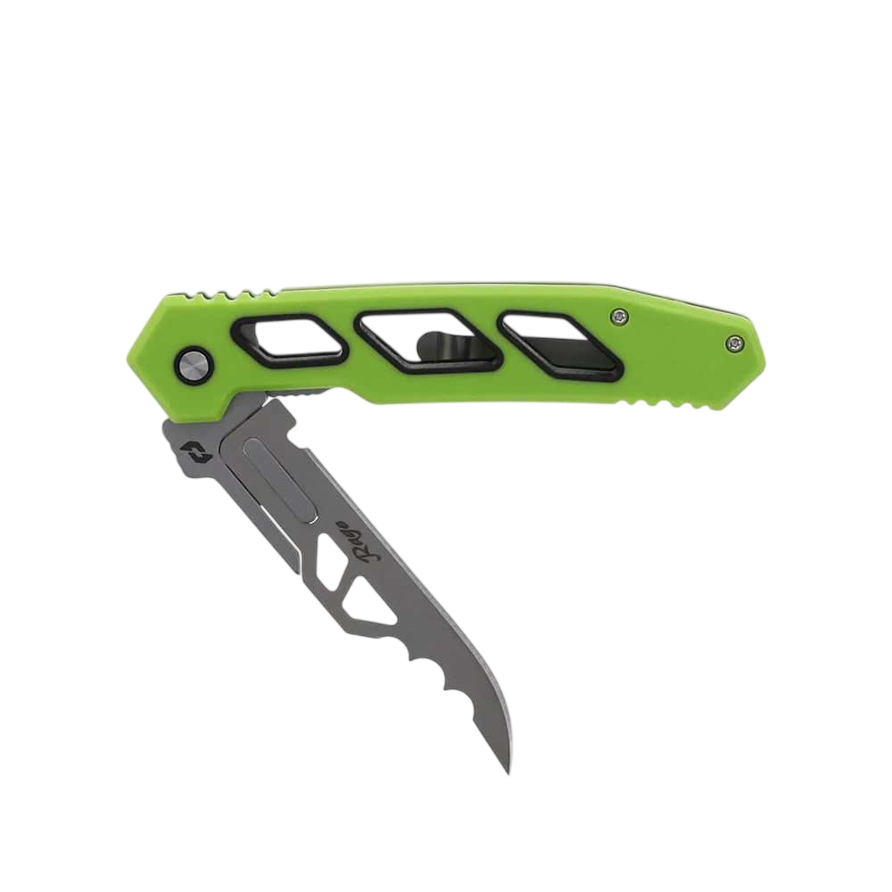 Flexible green and black folding blade knife for outdoor hunting and gear prep.