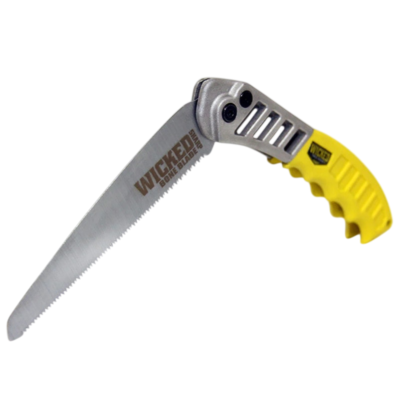 Sharp hand saw with yellow ergonomic handle for outdoor and carpentry use.