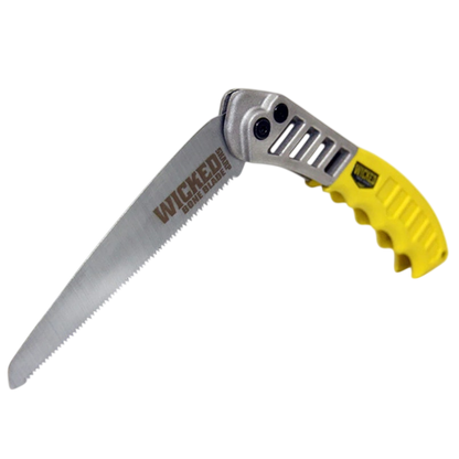 Sharp hand saw with yellow ergonomic handle for outdoor and carpentry use.