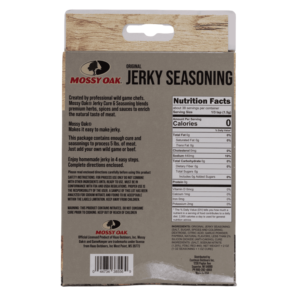 Jerky seasoning back with wooden accent packaging, ideal for outdoor enthusiasts and hunters.