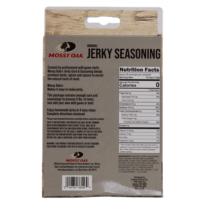Jerky seasoning back with wooden accent packaging, ideal for outdoor enthusiasts and hunters.