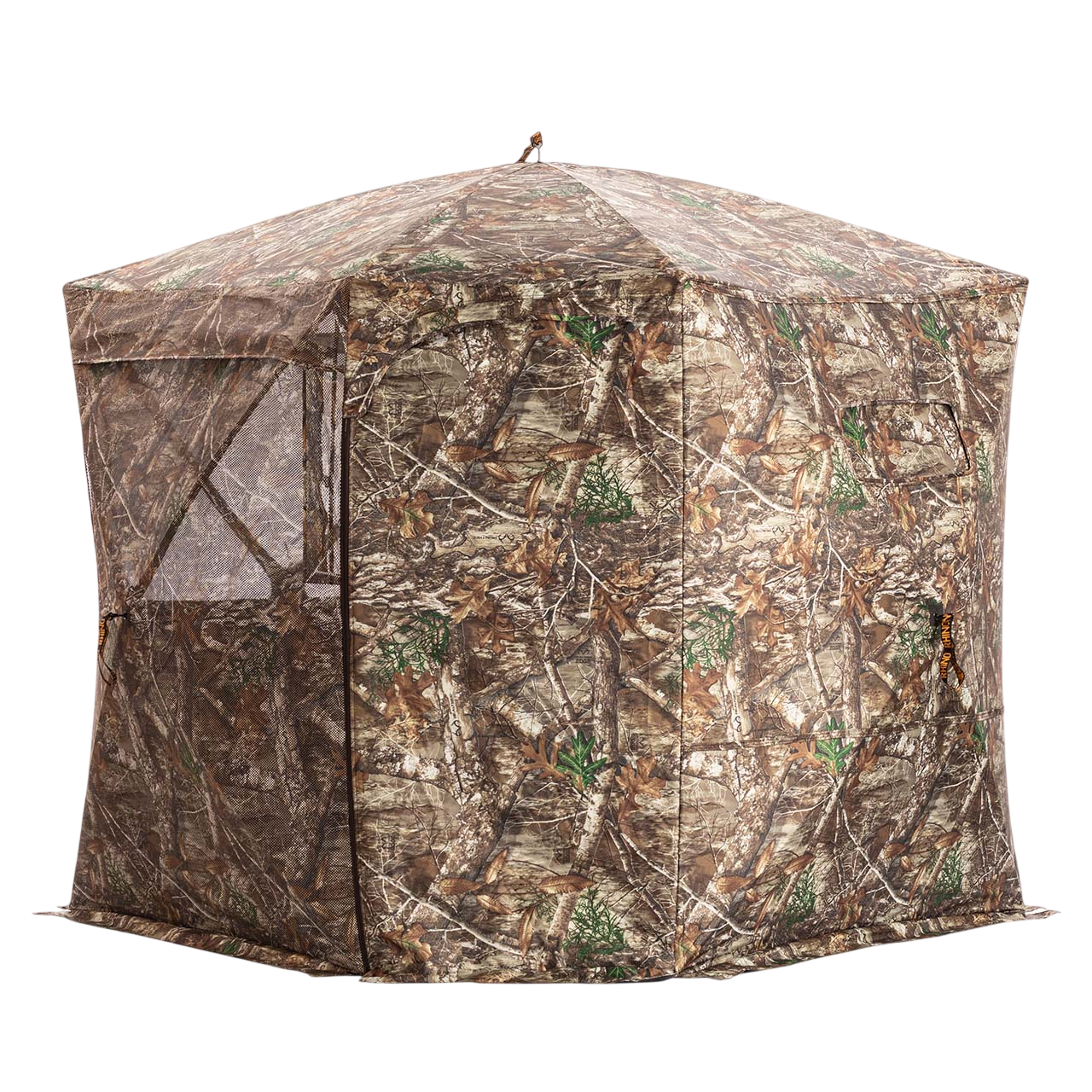 Camouflage hunting blind with mesh windows for bowhunting and wildlife observation.