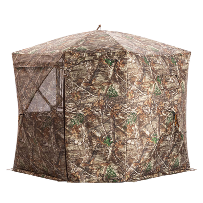 Camouflage hunting blind with mesh windows for bowhunting and wildlife observation.