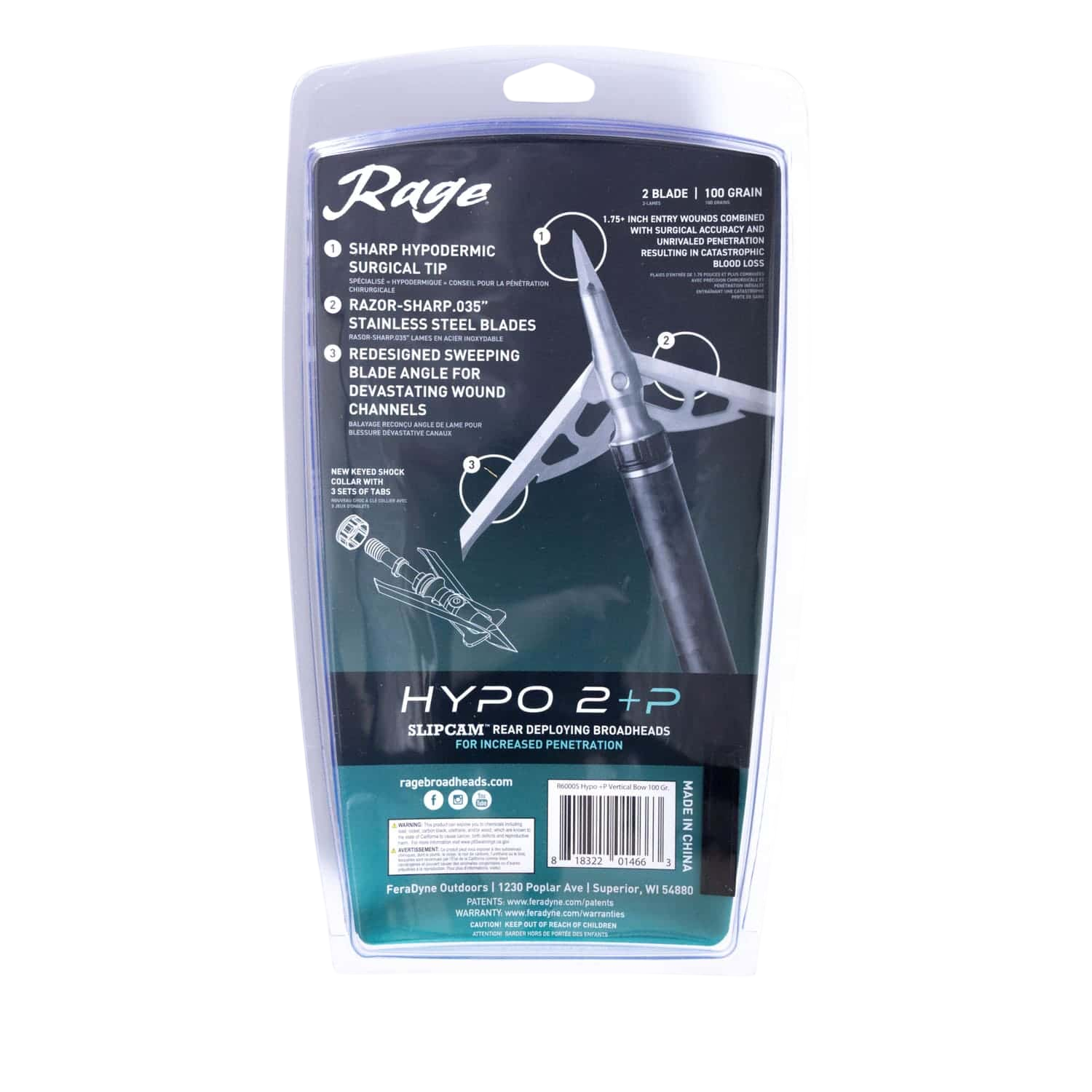 Precision broadhead with sharp surgical tip for bowhunting, 100 grains.