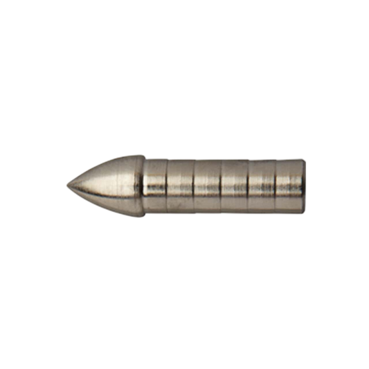 Sharp steel broadhead tip with adjustable ferrule for bowhunting arrows.