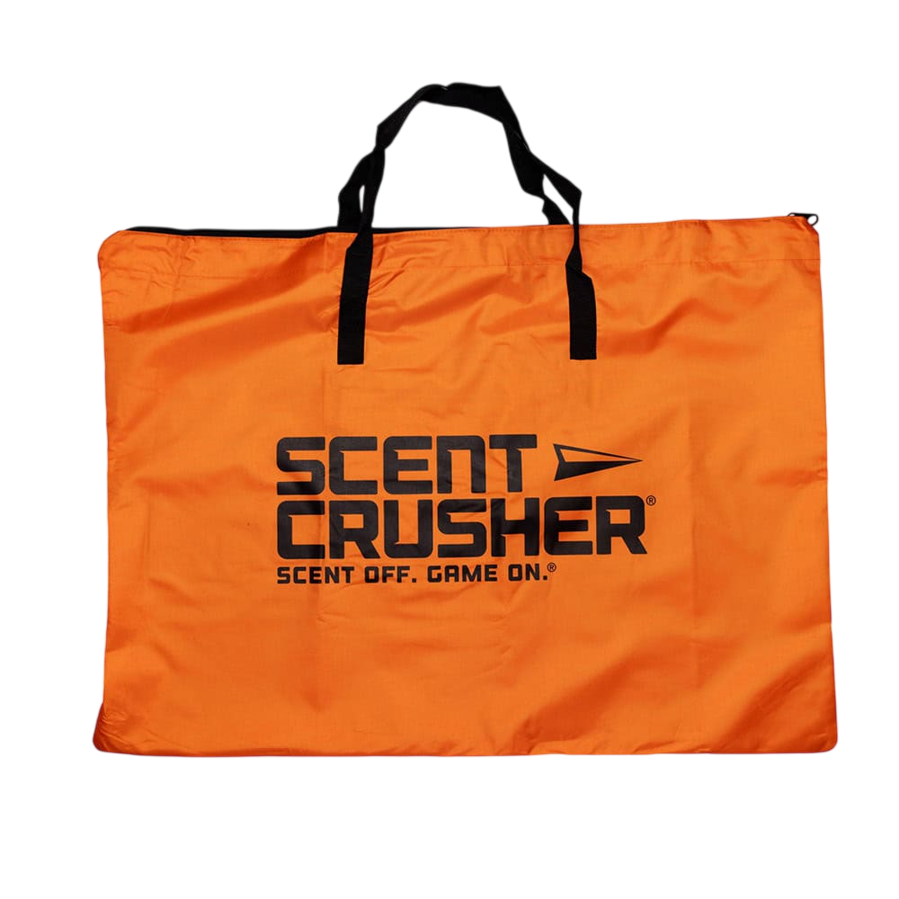 Durable orange scent crusher storage bag with black handles for outdoor hunters.
