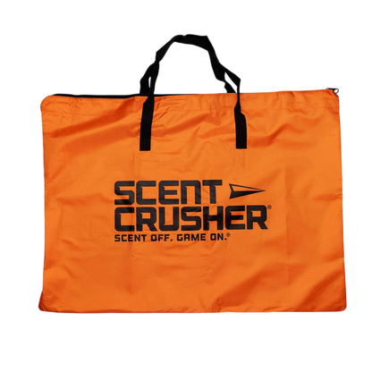 Durable orange scent crusher storage bag with black handles for outdoor hunters.