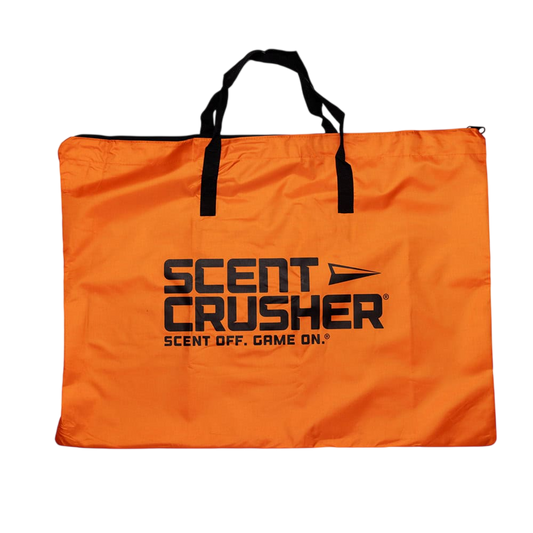 Durable orange scent crusher storage bag with black handles for outdoor hunters.