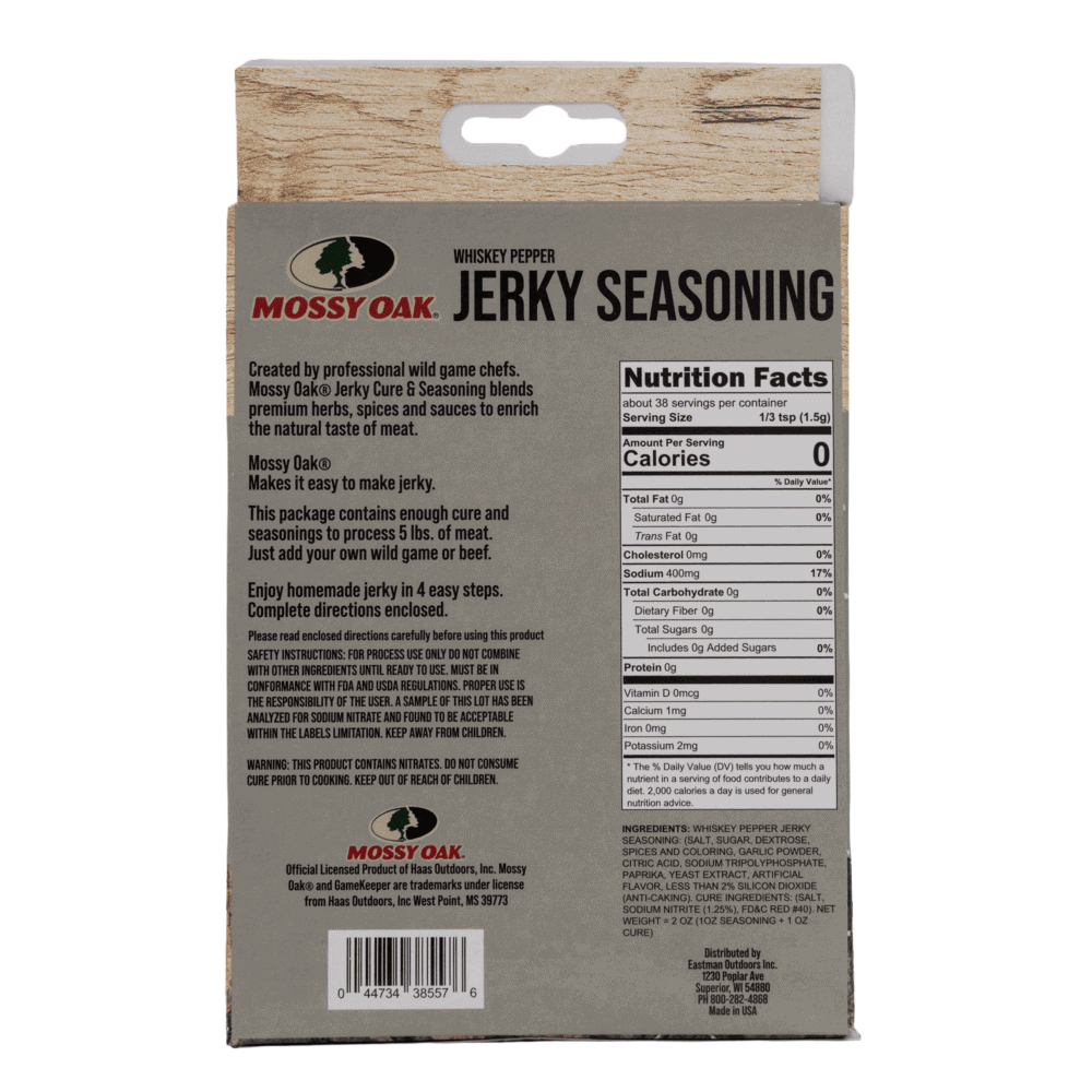 Premium Jerky Seasoning for Wild Game, Easy to Use, 5 lbs Meat Capacity, Mossy Oak Branding.