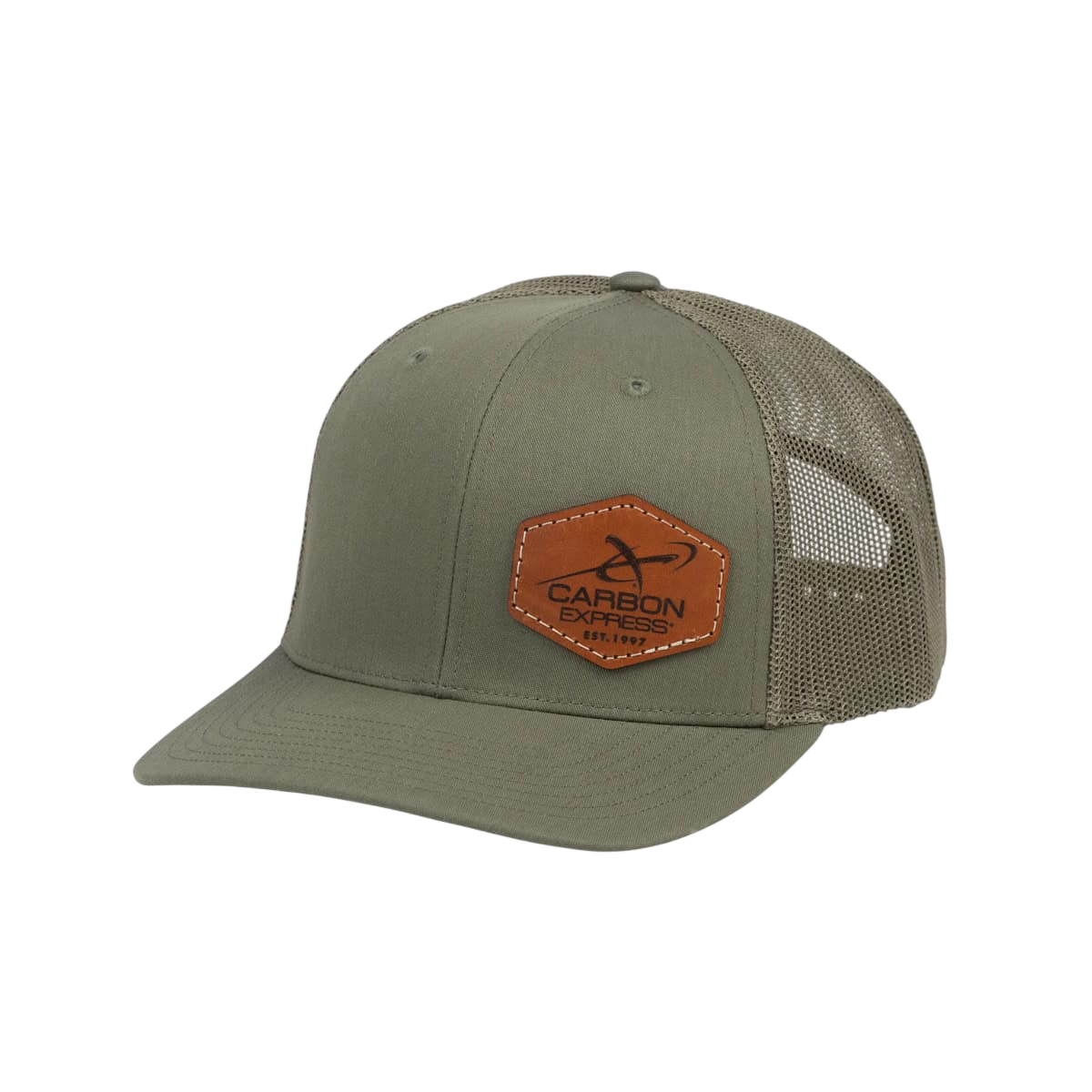 Durable khaki baseball cap with mesh back and Carbon Express logo patch. Perfect for outdoor activities and bowhunting.