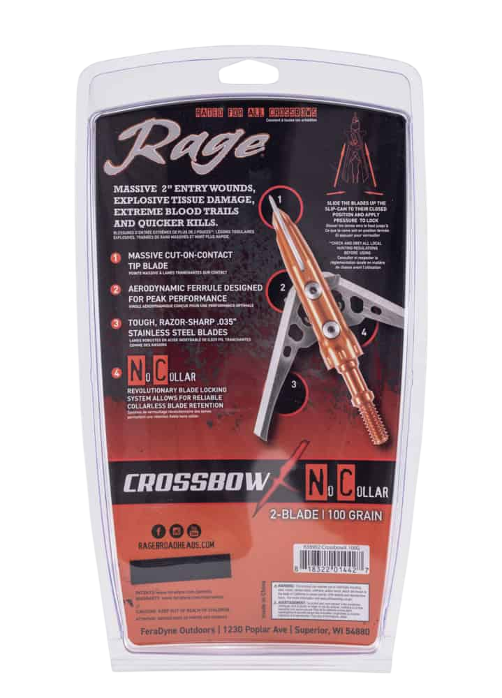 High-precision Rage Broadhead for archery and bowhunting, featuring a 2-inch entry wound design.
