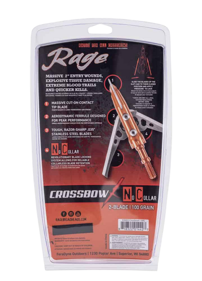 High-precision Rage Broadhead for archery and bowhunting, featuring a 2-inch entry wound design.