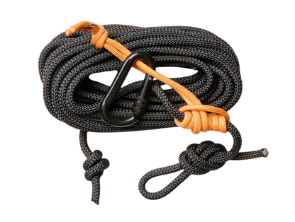 1. Durable black and orange climbing rope with carabiner for outdoor adventure safety.