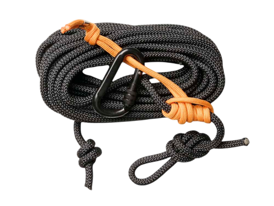 1. Durable black and orange climbing rope with carabiner for outdoor adventure safety.