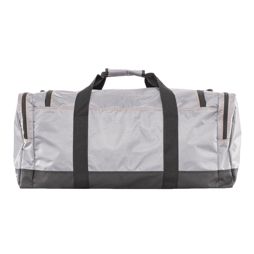 Heavy-duty gray gear bag with black straps for outdoor hunting trips.