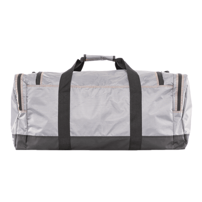 Heavy-duty gray gear bag with black straps for outdoor hunting trips.