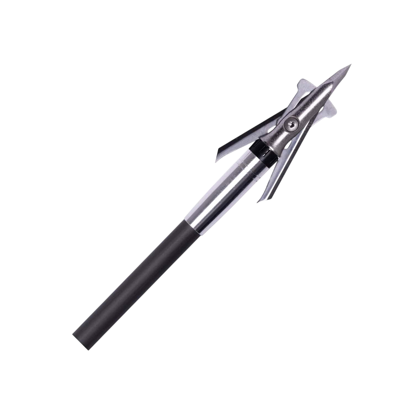 High-performance broadhead arrow tip with sharp metal blades for archery hunting.