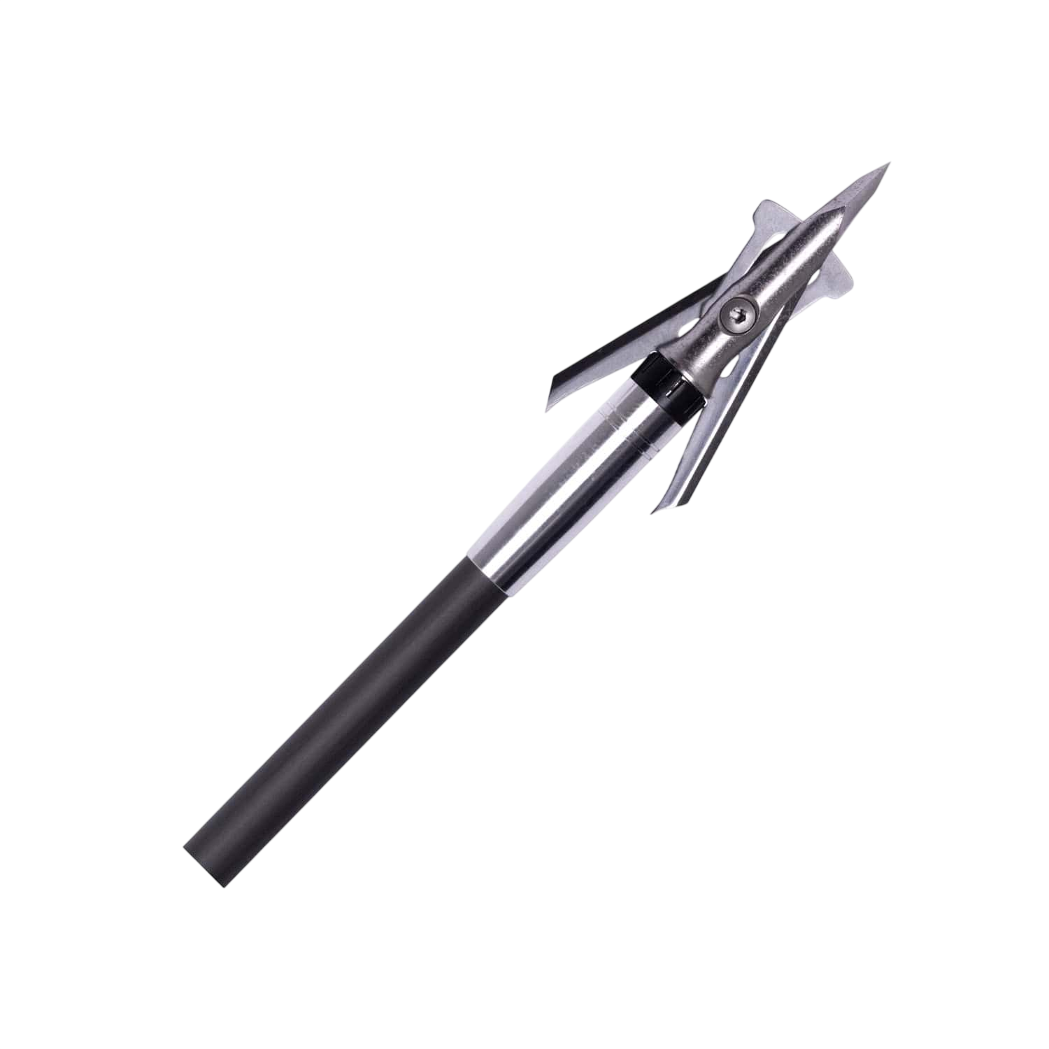 High-performance broadhead arrow tip with sharp metal blades for archery hunting.
