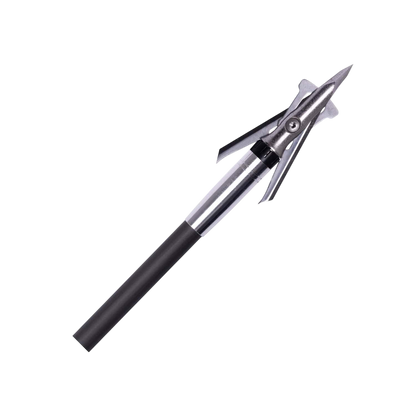 High-performance broadhead arrow tip with sharp metal blades for archery hunting.