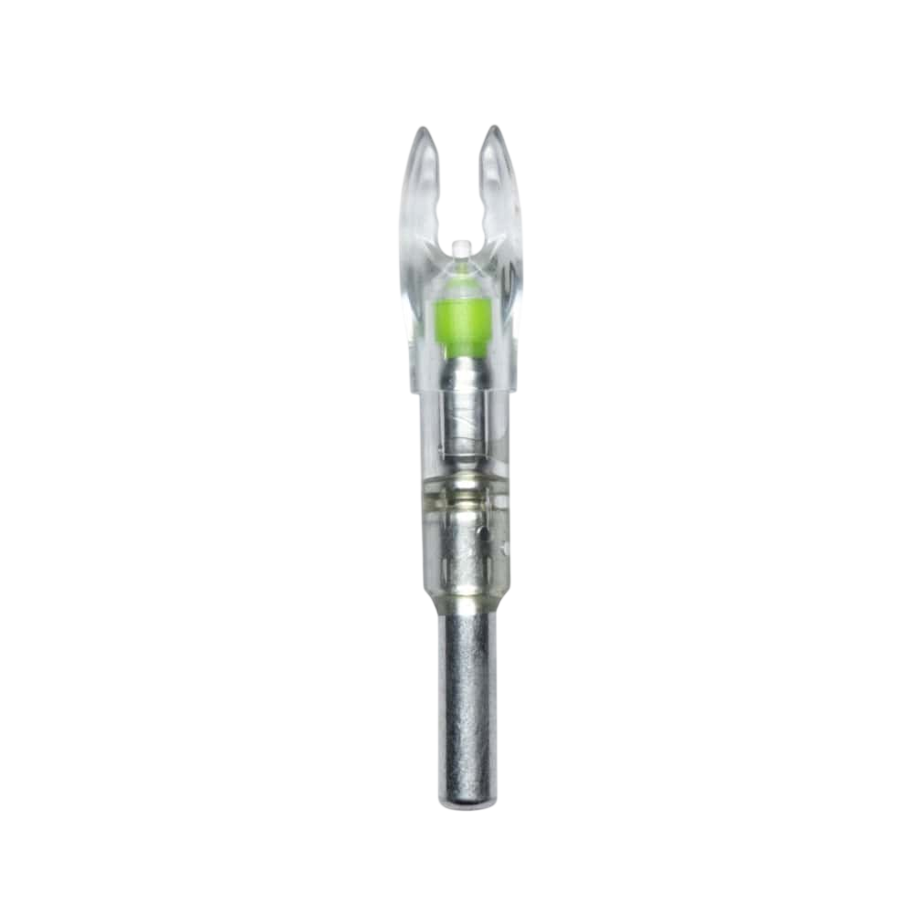 Precision bowhunting arrow nock with bright green marker for accurate shots.
