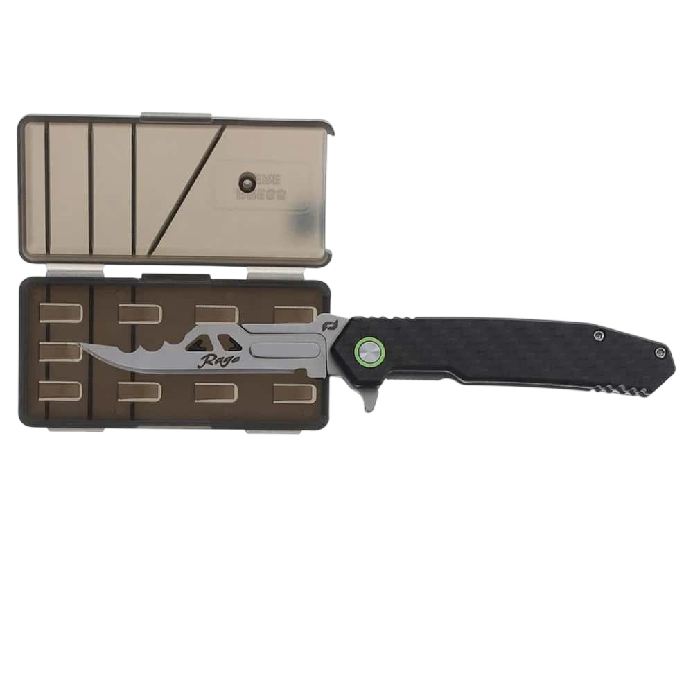 Compact folding knife with textured handle and safety case, ideal for outdoor survival.