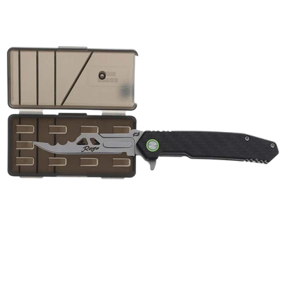 Compact folding knife with textured handle and safety case, ideal for outdoor survival.