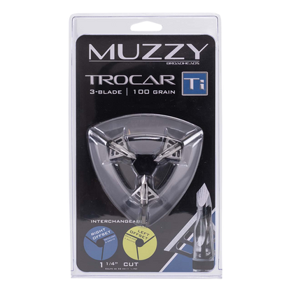 Muzzy Trocars Broadheads for Bowhunting, 3-Blade, 100 Grain, Interchangeable Offsets.