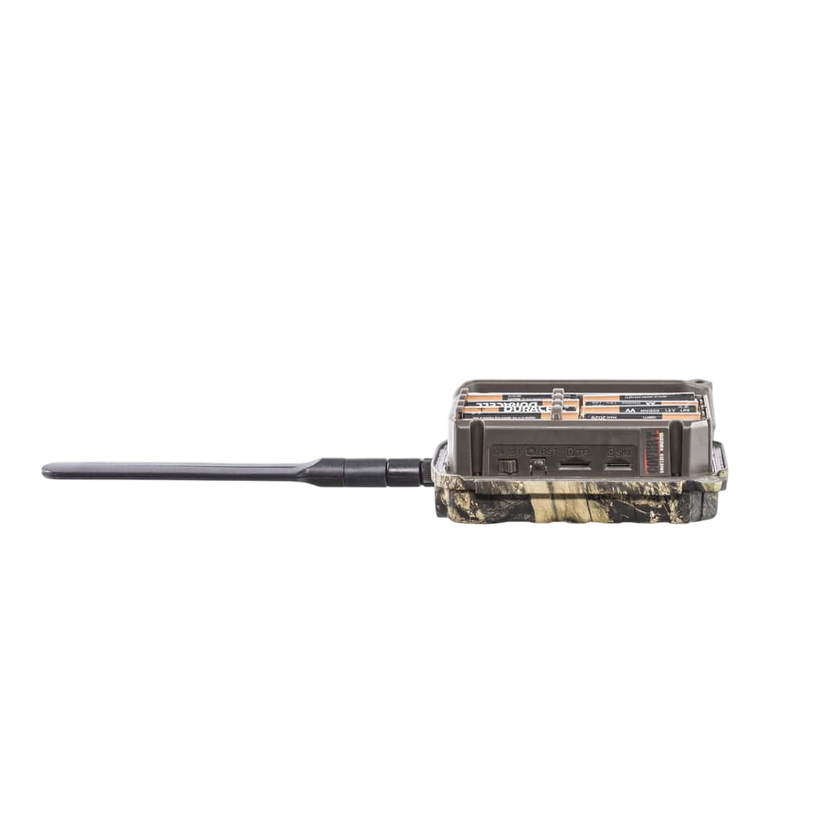 Wireless trail camera with camouflage body and extended antenna for outdoor hunting use.