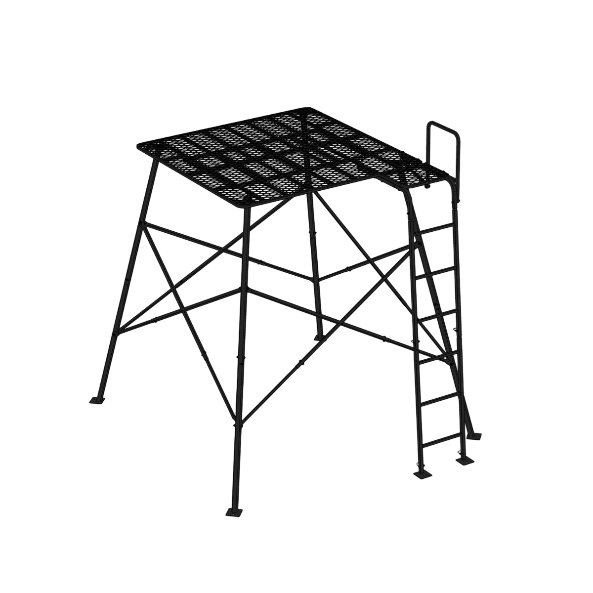 Steel hunting stand with ladder and platform for bowhunting success.