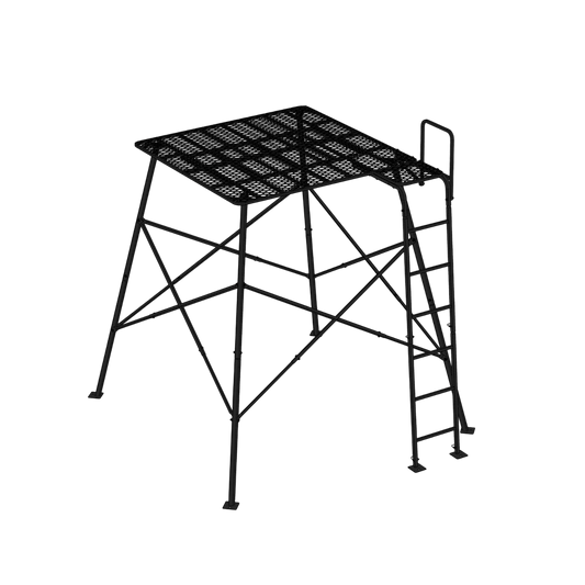 Steel hunting stand with ladder and platform for bowhunting success.