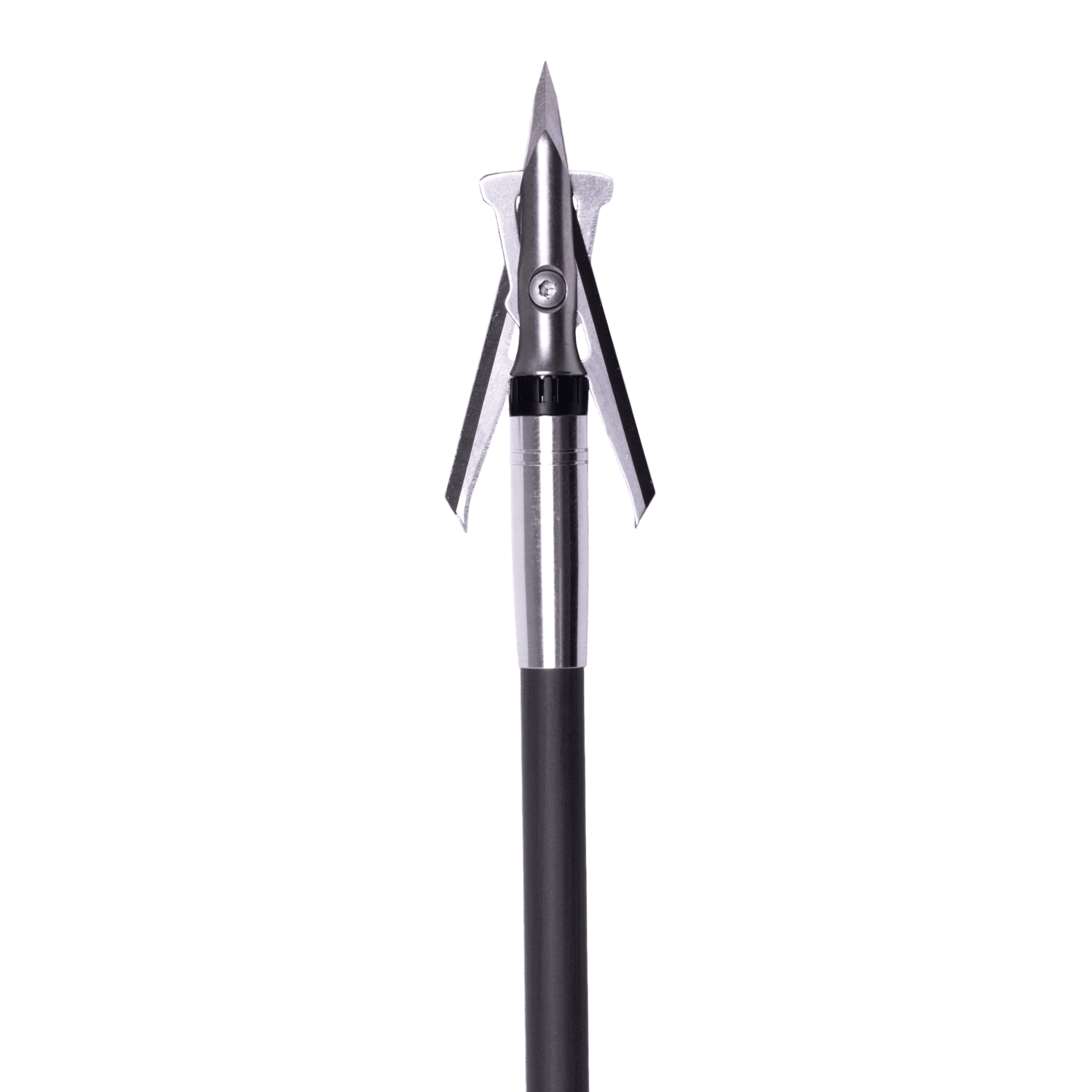 1. Precision arrow broadhead on shaft for hunting and archery accuracy.